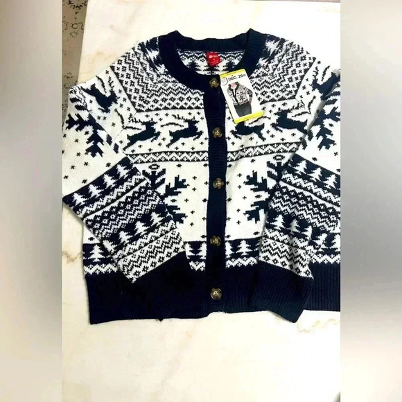 DEC. 25TH Womens Cardigan Long Sleeve BLACK/WHITE WINTER Snowflake/REINDEER M - Picture 1 of 4